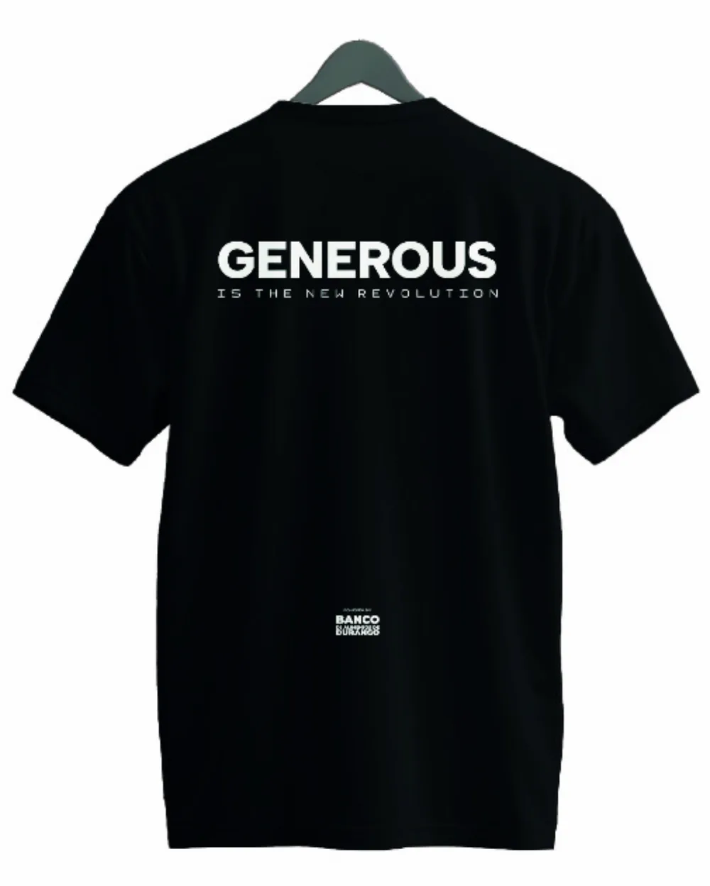 Playera negra con la leyenda Generous is the new revolution al frente y el logo del Banco de Alimentos de Durango abajo